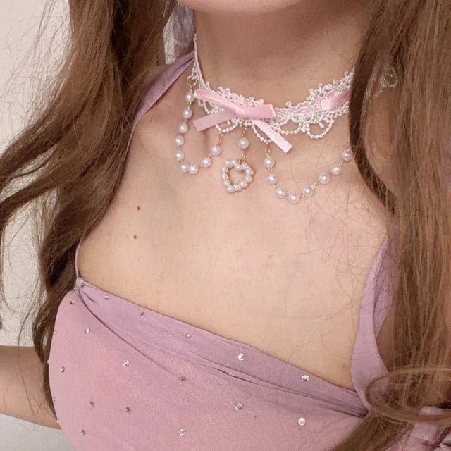 Pink Lace Pearl Heart Choker Necklace