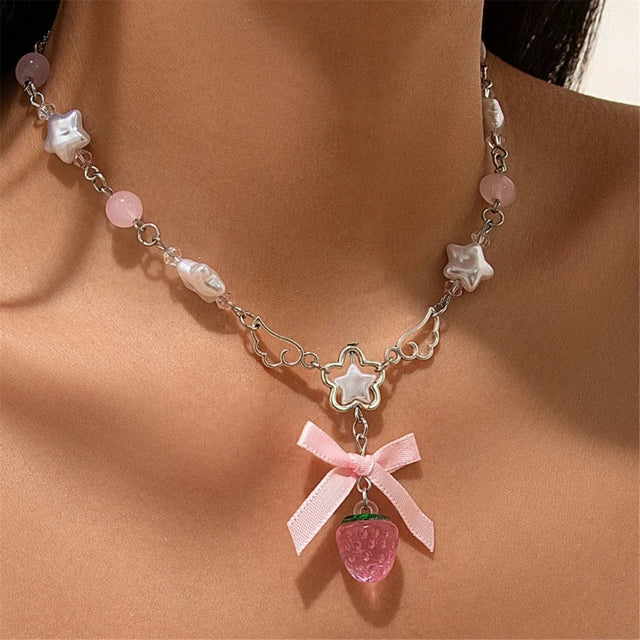 Pink Strawberry Star Charm Necklace