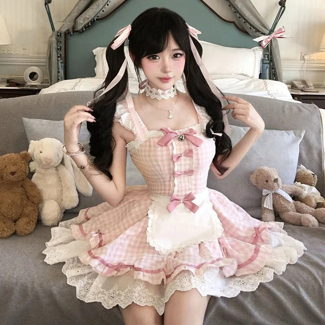 Pink Gingham Maid Ruffle Dress