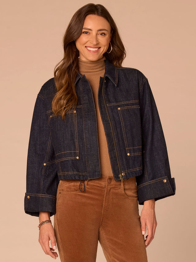 Three Quarter Snap Cuff Sleeve Adjustable Hem Denim Bomber Jacket
