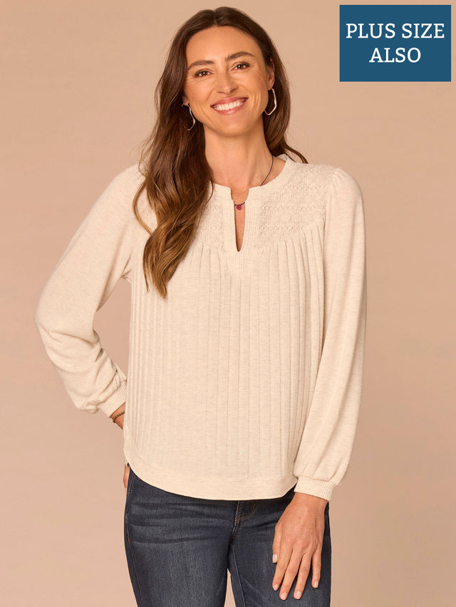 Long Blouson Sleeve Mandarin Collar Mixed Media Plus Size Knit Top