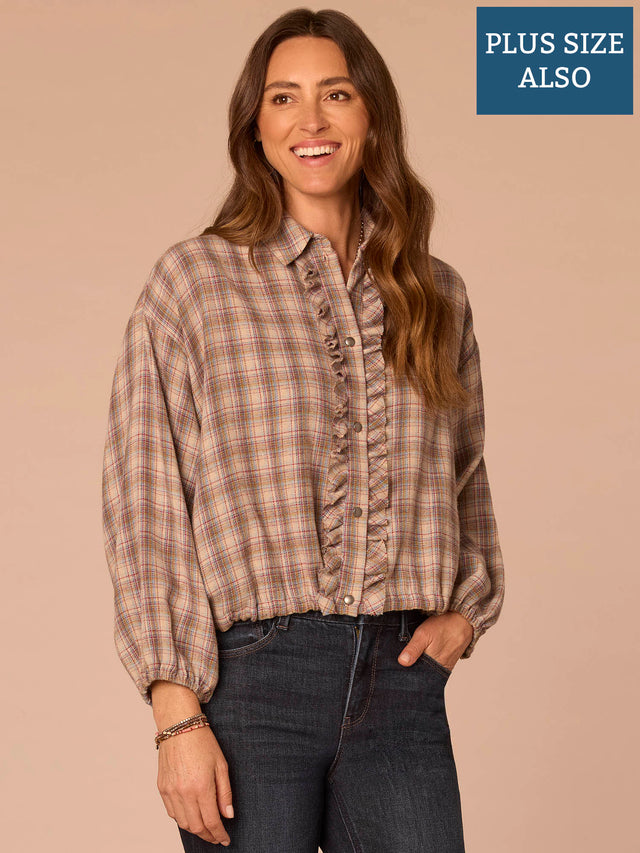 Long Blouson Sleeve Ruffle Placket Bubble Hem Plaid Plus Size Shacket