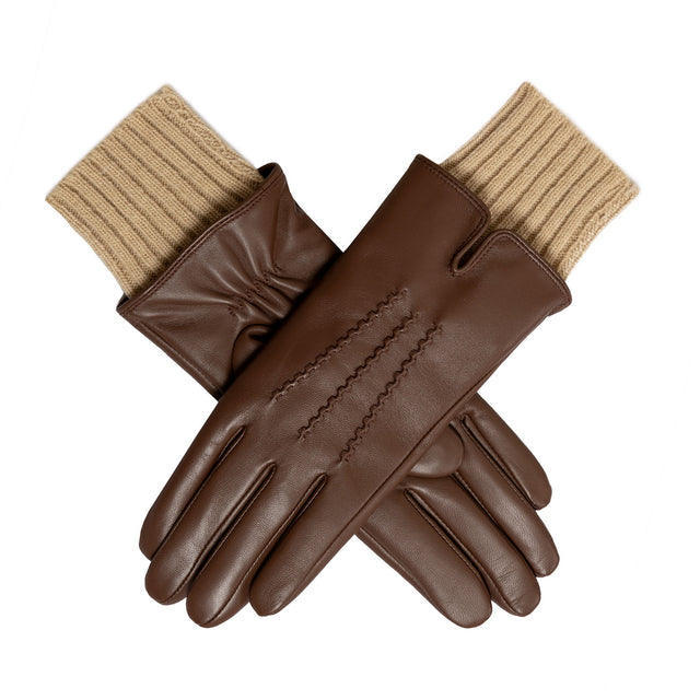 Women’s Three-Point Wool Blend-Lined Leather Gloves with Knitted Cuffs