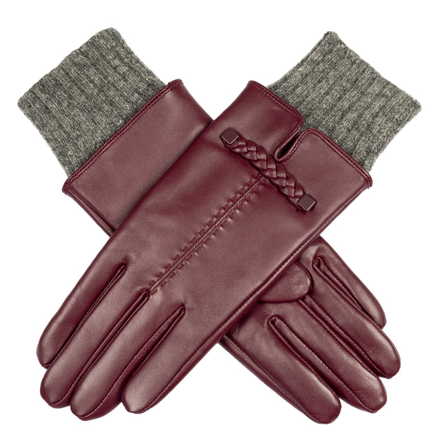 Women’s Touchscreen Single-Point Wool Blend-Lined Leather Gloves with Braided Wrist and Knitted Cuffs