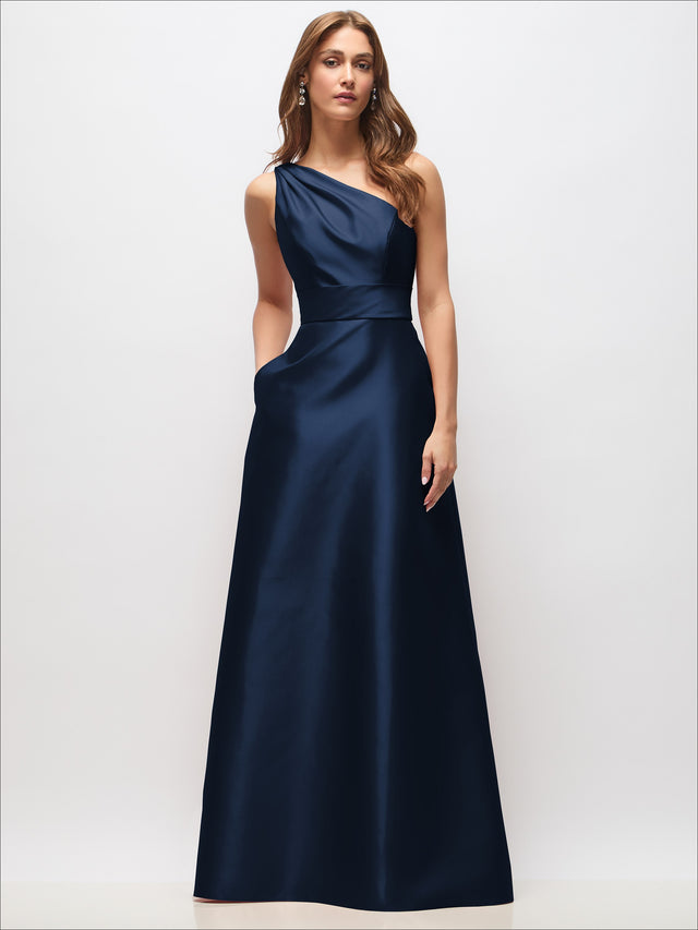 Draped One-Shoulder Satin Maxi Dress with Pockets