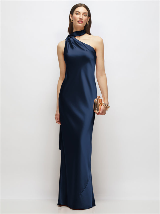 Draped Scarf One-Shoulder Bias Stretch Satin Maxi Dress