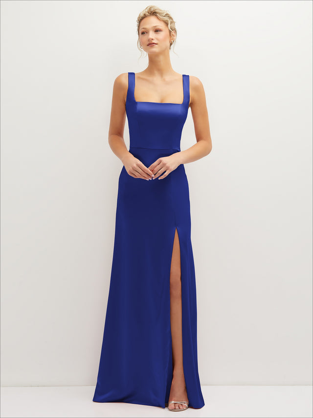 Square-Neck Satin A-line Maxi Dress with Front Slit