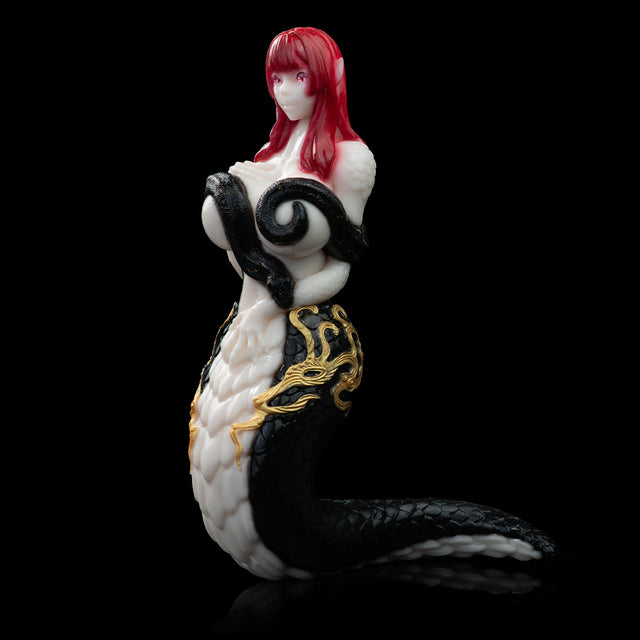 Snake Queen Sex Doll | Fantasy Serpent Goddess Stroker — Red-Haired Pointed-Ear Figurine, Black Snake-Scale Body, Gold Baroque Relief & Multi-Spiral Vaginal Cha