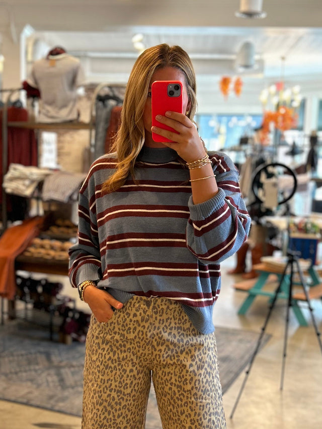 Multi-color Stripe Crew Neck Relaxed Knit Sweater.