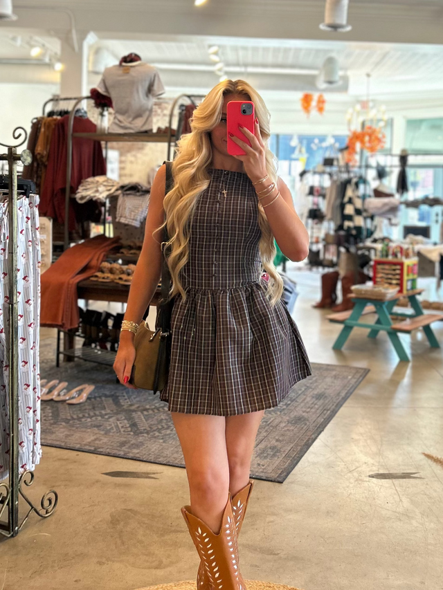 Plaid Button Front Boat Neck Sleeveless