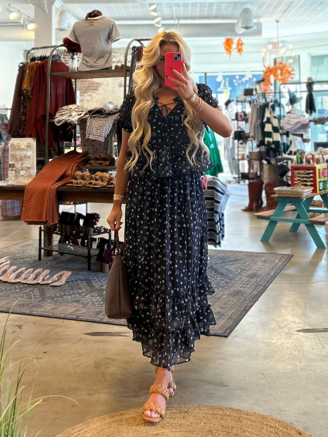 Floral Ruffled Tiered Hem Midi Skirt