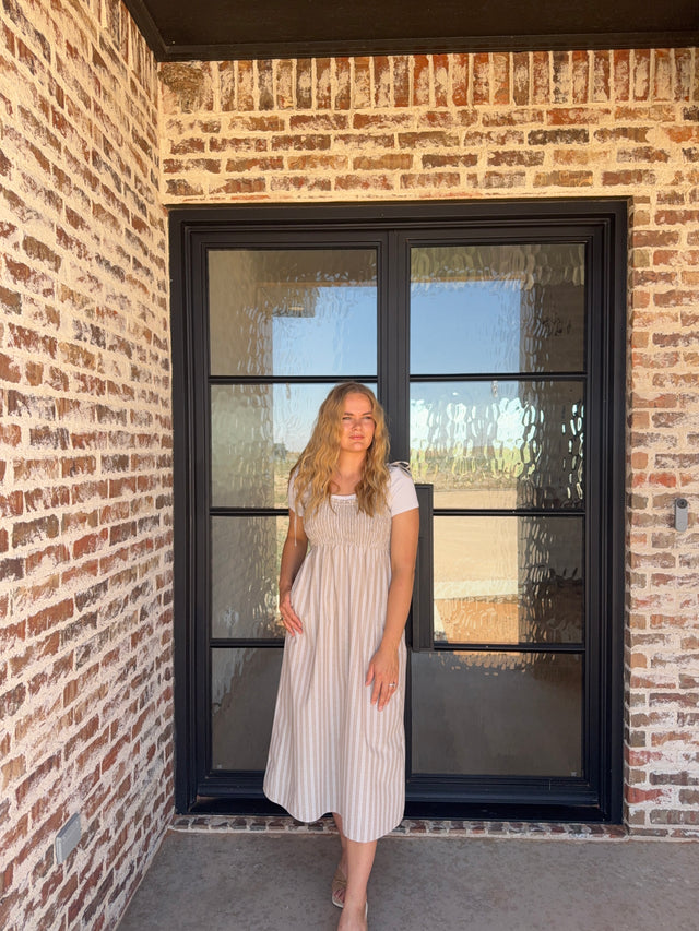 Striped Self Shoulder Tie Midi Dress