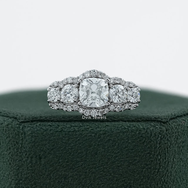 Square Old Mine Cushion Cut Five Stone Halo Ring