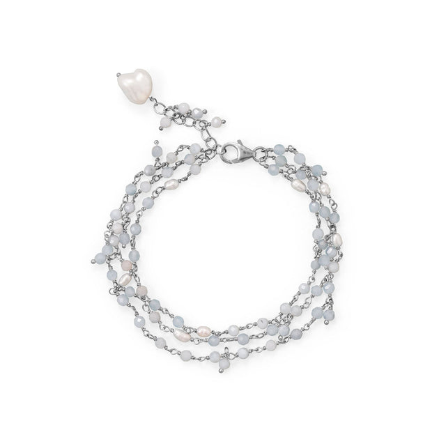 Multistrand Aquamarine & Pearl Silver Bracelet
