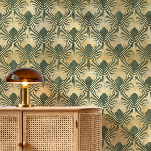 Art Deco Scallop Wallpaper - Green & Gold