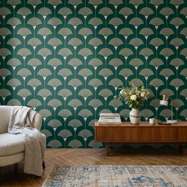 Art Deco Fan Wallpaper - Forest & Sage Green