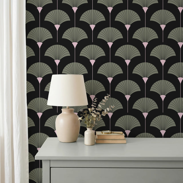 Art Deco Fan Wallpaper - Sage Green & Black