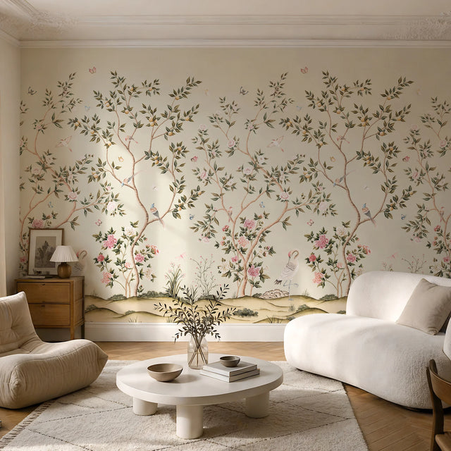 Traditional Chinoiserie Wall Mural – Cranes & Blossoms in Ivory