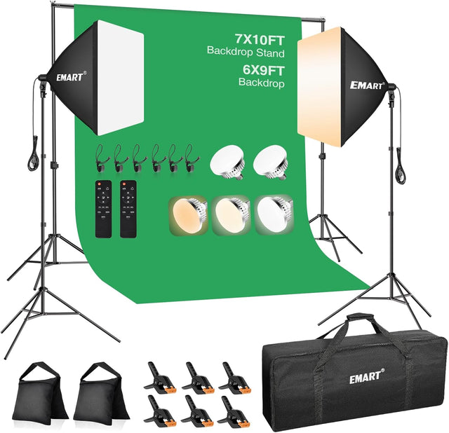 7x10ft Backdrop Stand with 6x9ft Backdrop, Softbox Lighting Kit with 85W 3000K-6000K LED Bulbs