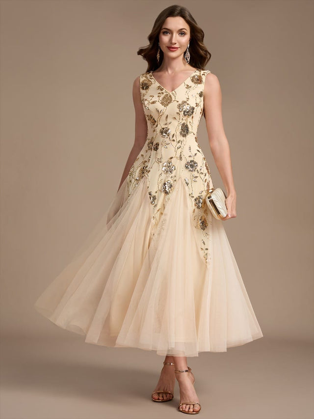 Beaded Sequin Tea Length Wedding Guest Dress