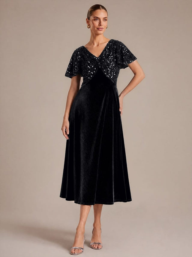 Sequin Velvet V-Neck Tea Length Evening Dress