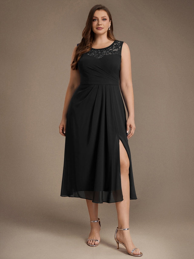 Plus Size See-through Sequin Lace&Chiffon Wedding Guest Dress