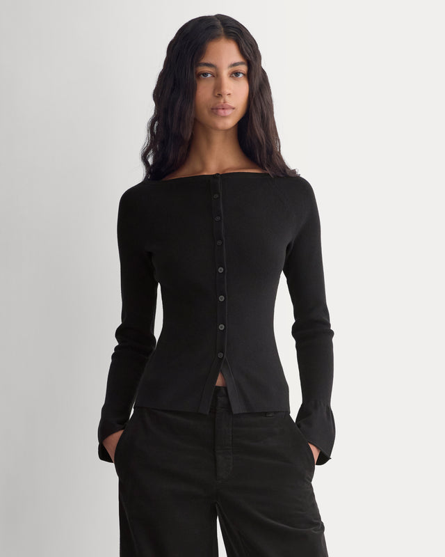 Fine Knit Off-The-Shoulder Cardigan |  Black