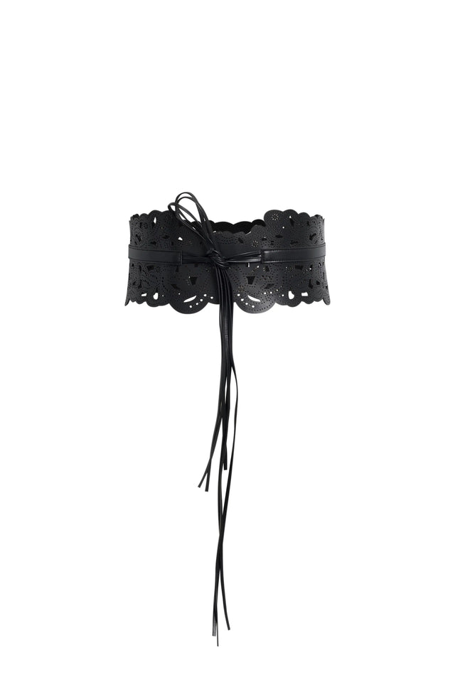 Gracie Baroque Embossed Lace Up Belt in Vegan Leather