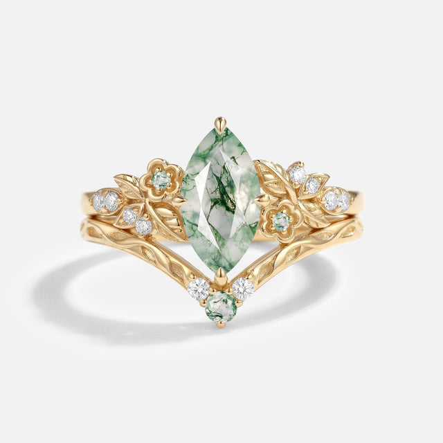 Marquise Cut Moss Agate Flower Vintage Engagement Ring Set 2pcs - Kaelen