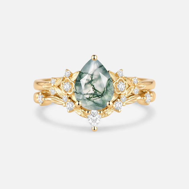 Pear Cut Moss Agate Flower Unique Engagement Ring Set 2pcs - Floralis