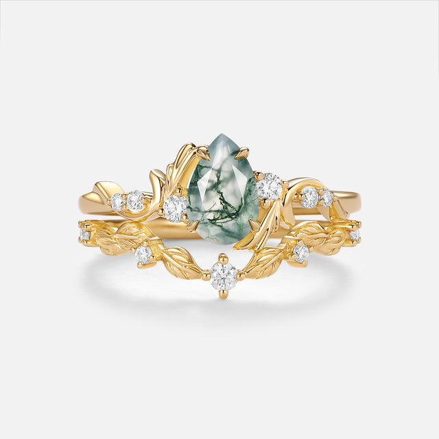 Pear Cut Moss Agate Leafy Dainty Engagement Ring Set 2pcs - Arden
