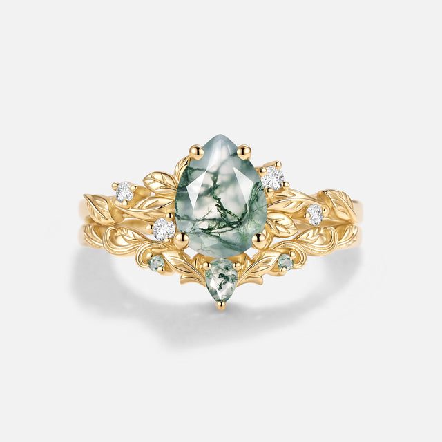 Pear Cut Moss Agate Leafy Unique Engagement Ring Set 2pcs - Larkspur