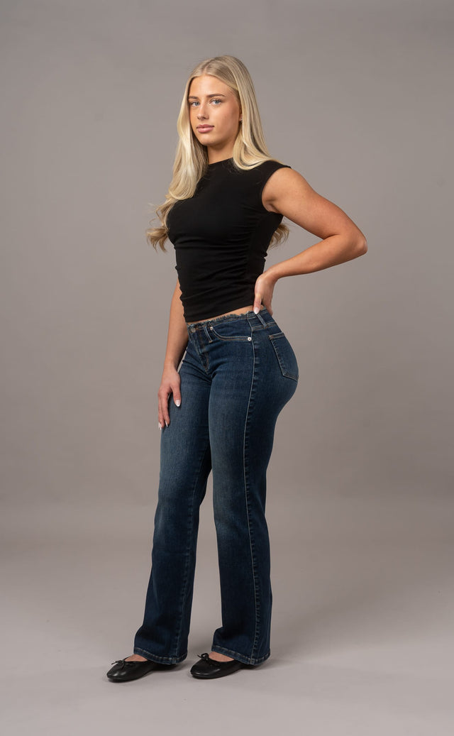 Raw Waist Flared Fitjeans - Deep Blue