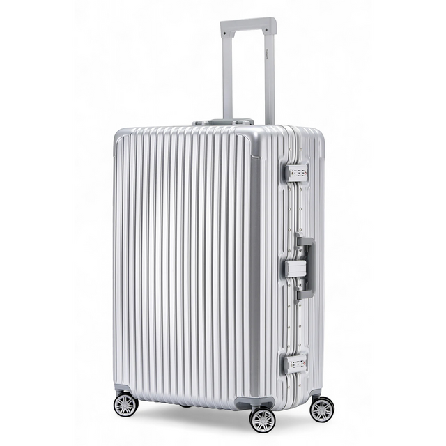 Large 30" SILVER Checked Suitcase