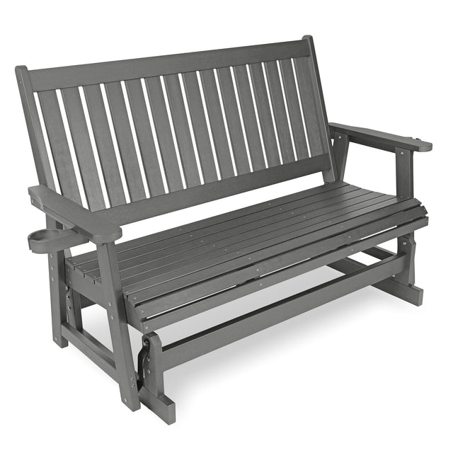 HIPS Patio Glider with Cup Holders, Durable Poly Lumber Material, All-Weather Resistant, High Backrest and Deep Contoured Seat, Heavy Duty 900 LB, for Outdoor, 