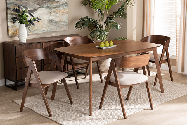 Baxton Studio Danton Mid-Century Modern Beige Fabric Upholstered and Walnut Brown Finished Wood 5-Piece Dining Set