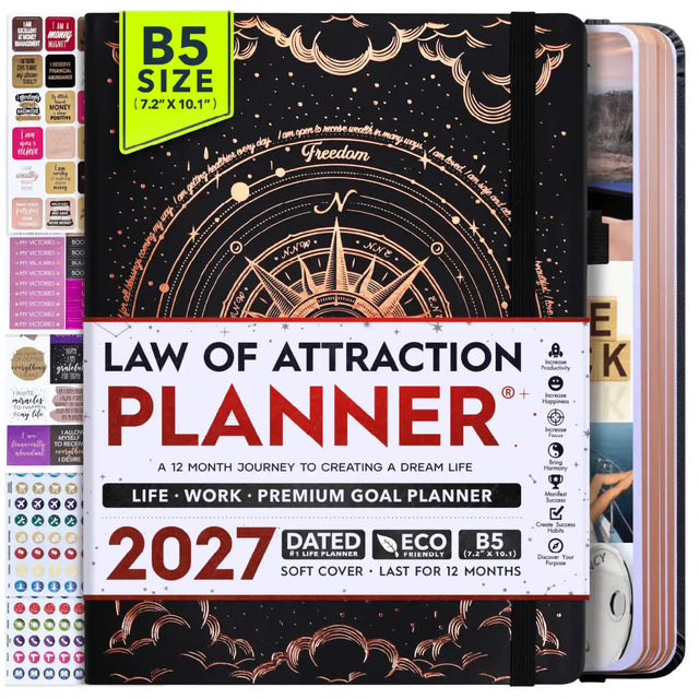 Jan - Dec 2027 Dated Monday Start Deluxe LOA 12 Month Planner (B5 size: 7.5 x 10 inches) Black Covers *Outside of USA Only*