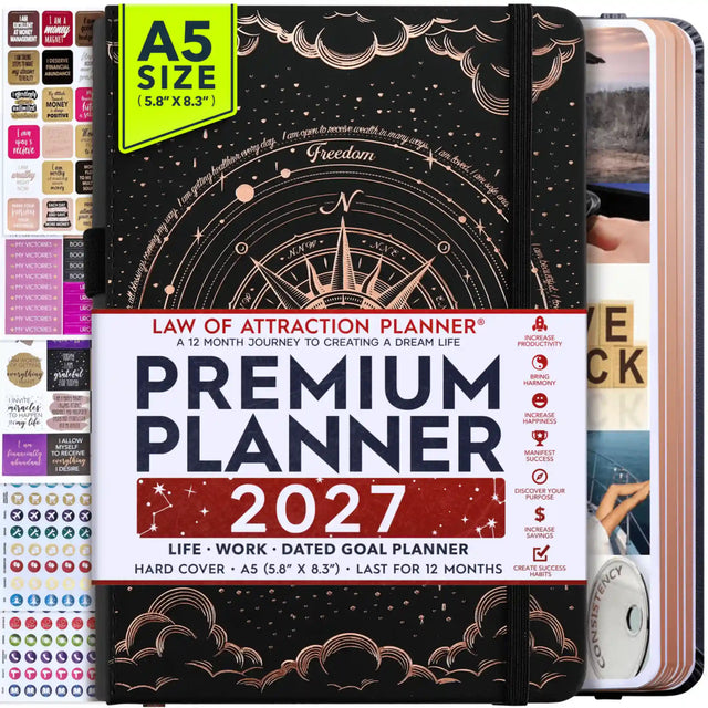 Jan - Dec 2027 Dated Sunday Start Deluxe LOA 12 Month Planner (A5 Size: 6 x 8.5 inches) Black Covers