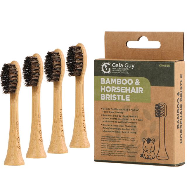 Gaia Guy Bamboo & Horsehair Electric Toothbrush Heads – 4-Pack | Compatible with Philips One® | Natural Horsehair Bristles | Coated or Uncoated