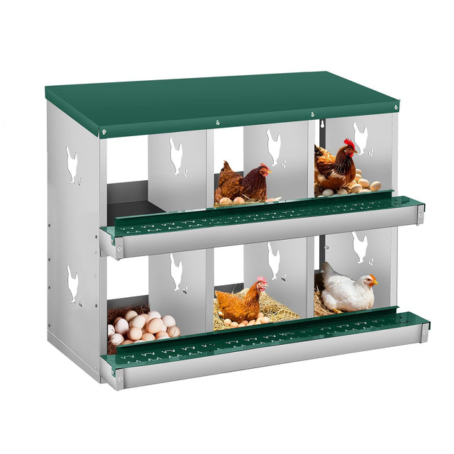 Garvee Chicken Nesting Box, 6 Room Galvanized Steel Laying Boxes, Metal Nesting Boxes for Hens with 10 Pads & 4 Fake Eggs, Easy Egg Collection, Vented Holes Pou