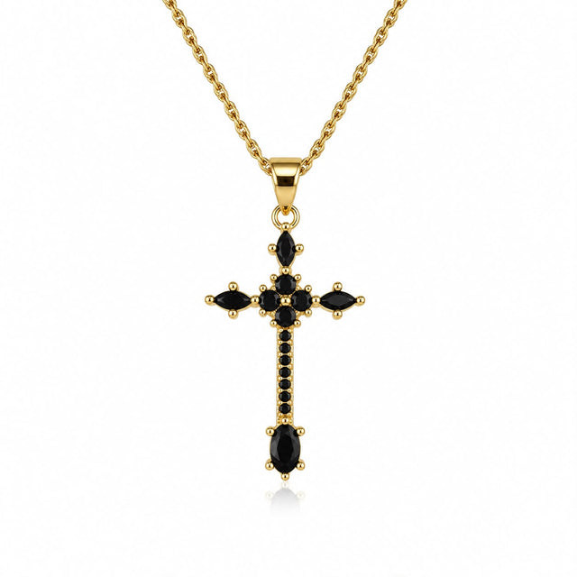 Gold Black Accent Crystal Cross Necklace