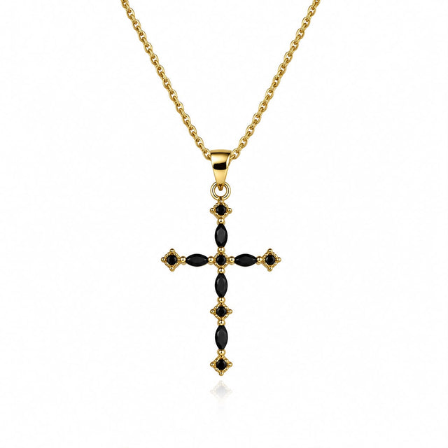 Gold Black Marquise Crystal Cross Necklace
