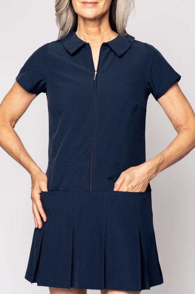 Navy Short Sleeve Timeless Pleated Dress