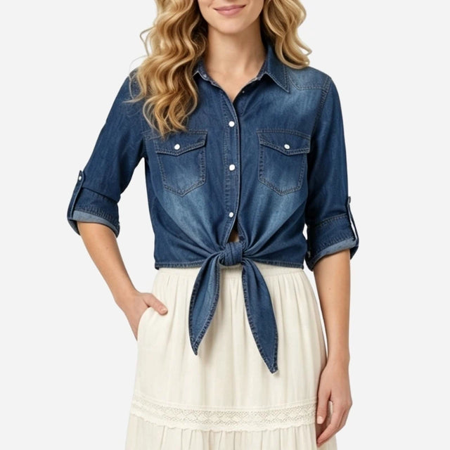 Women's Tie Front Denim Shirt Long Sleeve Roll Tab Jean Top