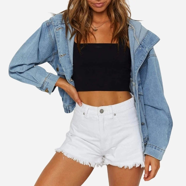 Women's Hooded Denim Jacket Cropped Button Front Casual Jean Jacket