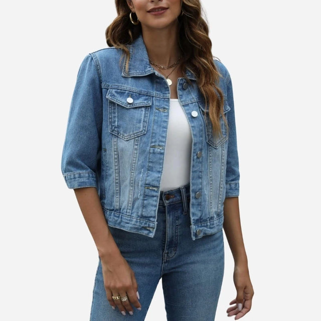 Women's 3/4 Sleeve Cropped Denim Jacket Button Down Trucker Jacket