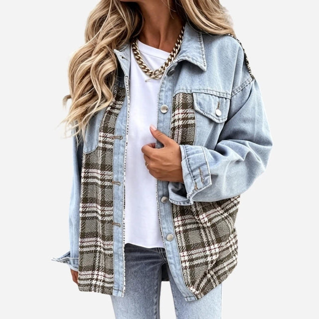 Women's Plaid Panel Denim Shacket Oversized Button Down Jean Jacket