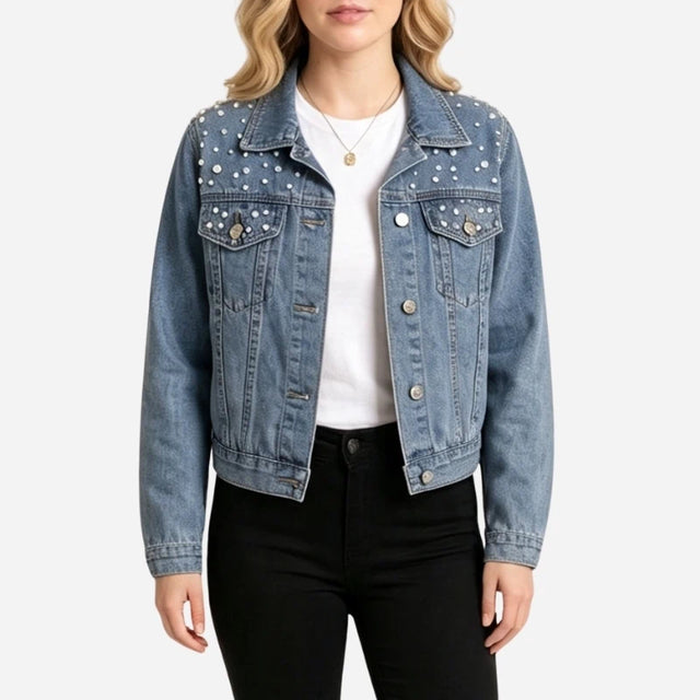 Women's Pearl Embellished Denim Jacket Cropped Button Front Jean Coat