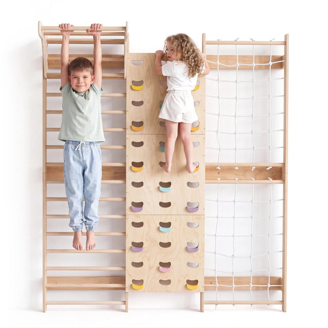 7-in-1 Climbing Wall for Kids: Wall Bars, Rock Wall, Net, Pull-Up Bar, 3-in-1 Swing Set