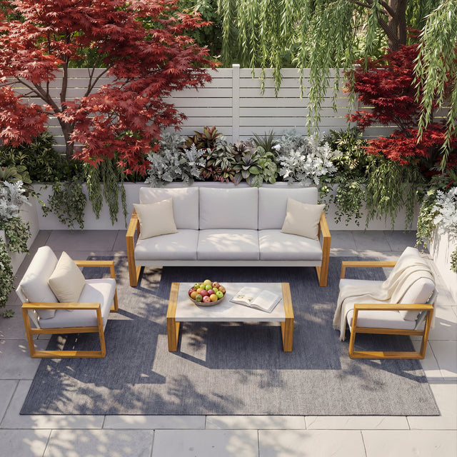 Duisburg 5-Seat Conversation Sofa Set, All Aluminum Outdoor Furniture with Removable Cushions and Coffee Table White